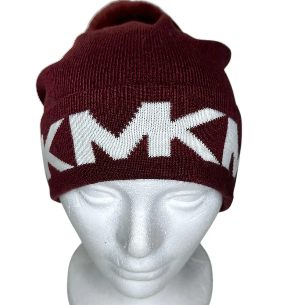 Michael Kors Stacked Logos Knit Hat Beanie W Pom Pom Maroon White